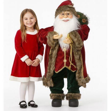 Statuina Babbo Natale Addobbo Statuetta 80cm Bordeaux Tessuto Decoro Natalizio