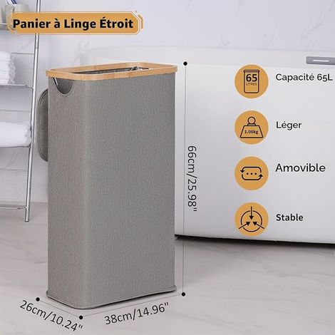 Laundry Basket with Lid Slim Dirty Laundry Basket with Removable and Washable Inner Bag, Bamboo Laundry Basket, Foldable Laundry Baskets for Laundry Room, Bedroom (Grey) (1/4)