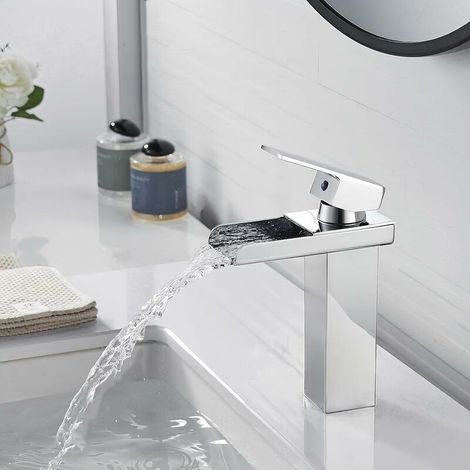 Wasserfall-Badezimmerarmatur, Chrom, Einhebel-Waschtischarmatur, Messing, moderne Badezimmer-Mischbatterie, Handwaschbecken-Wasserhahn, Silber, G3/8 (1/4)