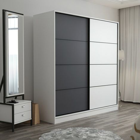 Kleiderschrank 2-türig Cuvio, Schlafzimmer Schrank 5 Regale, Kleiderstange, Schiebetüren, 180x210h cm Weiß (1/5)