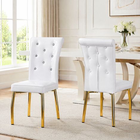 Sedia da pranzo con effetto pelle alligatore, dettagli con bottone cristallo, gambe in metallo galvanizzato, PVC bianco e oro (1/5)
