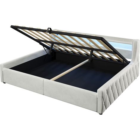 Lit plateforme en velours beige 140x200 cm avec rangement hydraulique et éclairage LED, sans matelas (1/5)