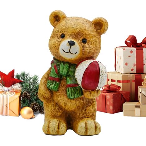 Figurine d'ours de Noël de style champêtre vintage, sculpture animale peinte à la main, ornement artisanal en résine (1/5)