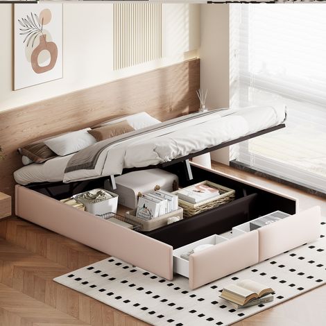 Doppeltes Polsterbett 160x200 cm - hydraulisches Boxspringbett - zwei Schubladen am Ende des Bettes - ohne Kopfteil - Stauraum - Bettwäsche – Beige