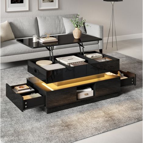 Table basse relevable 90x48x42.5 cm noire en MDF brillant avec LED, prise intégrée et rangements (1/5)