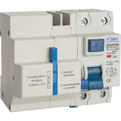 INT. DIFERENCIAL 2P 40A 30mA AC C/RECONEXION AUTOMATICA CON 3 TIEMPOS (RETRACTILADO) SOLERA CBRA2P4030A (1/2)