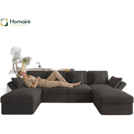 Canapé modulable en velours côtelé gris avec accoudoirs 290 x 159,5 x 89 cm HOMAIRE (1/5)