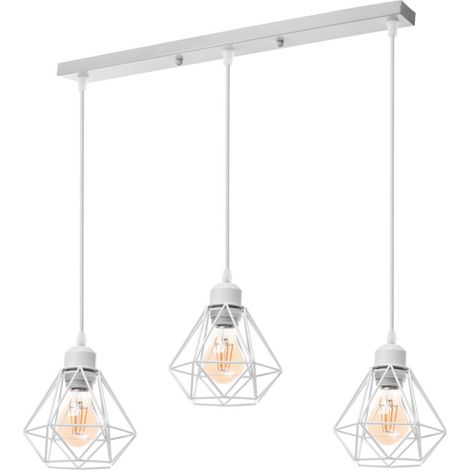 – Suspension industrielle rétro en métal blanc – 3 lumières – Abat-jour rectangulaire 16x17cm – Câble ajustable 100cm – Douille E27 (1/5)
