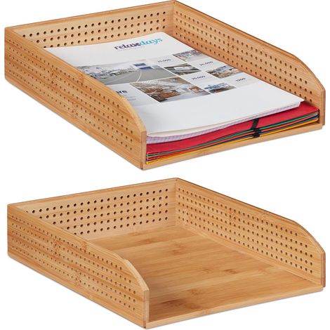 Relaxdays 2x Bamboo Document Holder Tray, Perforated, Stackable, A4 Desk Organiser, Office, HWD: 7 x 25 x 33 cm, Natural (1/5)