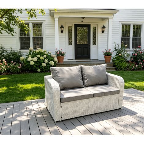 Fimous 2 Seater Sofa Rattan Curved Arm Loveseat Light Grey Mixed Outdoor Garden Furniture with Thick Removable Cushion