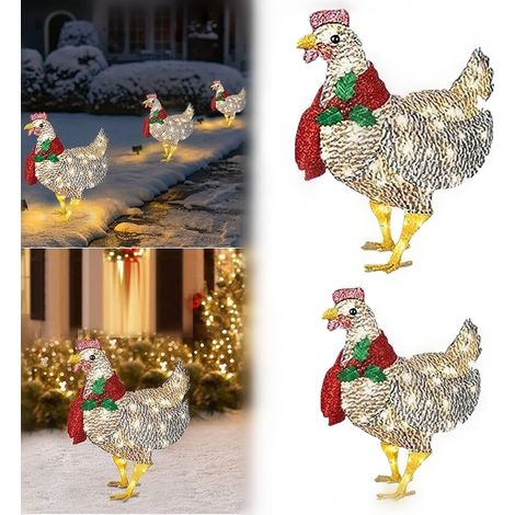 50 galline in metallo lucido con sciarpa di vischio rosso, paletti da giardino per animali, mini ornamenti da prato a forma di gallo festivo (1/5)