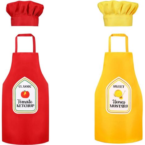 Tablier de Cuisine Toque de Cuisinier Set, Rouge et Jaune, Motif Ketchup et Moutarde, 2 Pièces, Pour Couple Adulte (1/5)