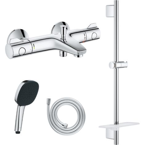 Conjunto grifería mecánica GROHE Grohtherm 800 + teleducha Vitalio Comfort 110 + barra Vitalio Smartactive Quickflix + flexible