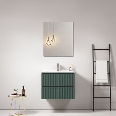 Mobile bagno sospeso cannettato 60 cm Verde Comodoro Lavabo in Ceramica Specchio Quadro - Fiji Paint