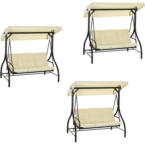 3er-Set 2 in 1 Hollywoodschaukel mit Liegefunktion 3-Sitzer Gartenschaukel mit verstellbarem Sonnendach, Schaukelbank belast bis 240kg, Gartenliege für Garten, Terrasse, 195x117x175 cm, Beige