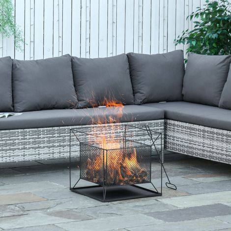 Tragbare Feuerstelle aus Metall für den Garten, Feuerstelle für den Außenbereich mit Aufhängevorrichtung und Schürhaken, 45 x 45 x 43 cm, Schwarz