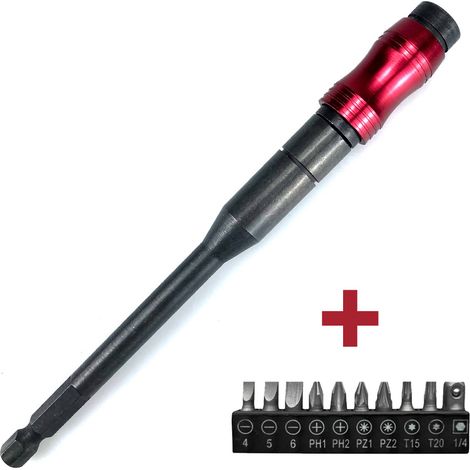 Rallonge multi-angles pour tournevis, version étendue, tournevis électrique magnétique puissant, poignée hexagonale, rallonge à verrouillage rapide, rouge et noir (longue) + embout P, rouge et noir (l (1/5)
