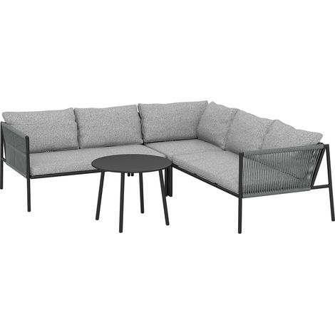 Salon de Jardin En Polyrotin Avec Canapé D'Angle, Table Et Coussins Pour 6 Personnes, Gris Foncé (1/5)