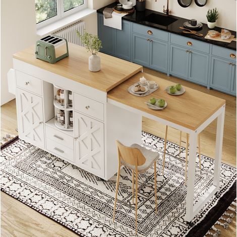 Mesa bar extensible blanca de MDF, 110-180 x 40 x 91 cm, 4 cajones, ruedas HAVRYA (1/5)