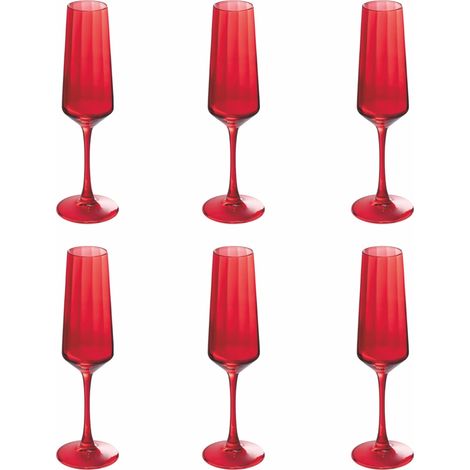 Lot de 6 flûtes 250 ml en verre, travail lignes verticales, rouge, optique (1/4)