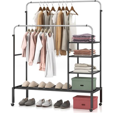 COSTWAY Stand Appendiabiti a Doppia Asta, con Barre Appendiabiti Regolabili in Altezza, Ripiani per Riporre e Ruote Bloccabili, Appendiabiti in Acciaio per Uso Interno ed Esterno(Nero+Argento) (1/5)