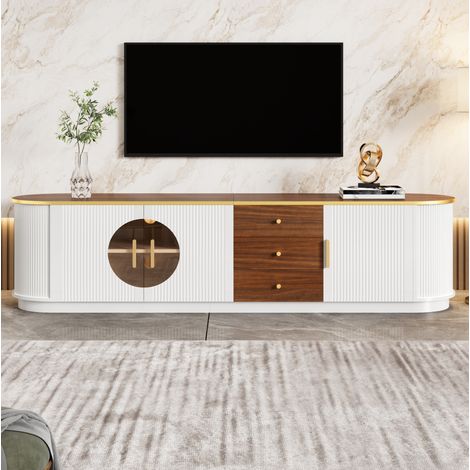 Mobile TV 180x40x46 cm bianco in MDF con vetro marrone, 3 ante, 3 cassetti e passacavi (1/5)
