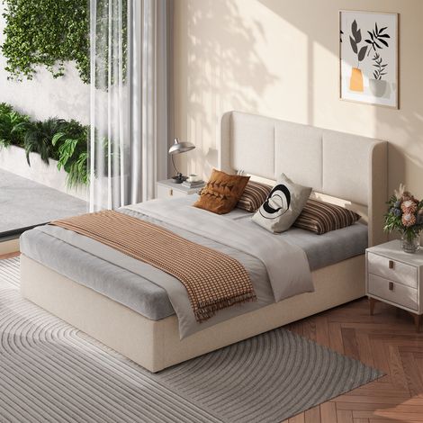 Lit coffre 160x200 cm en tissu doux beige clair avec tête de lit à 3 niches, coffre hydraulique et cadre en bois massif silencieux. (1/5)