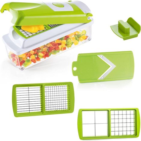 Coupe-légumes multifonctionnel (12 pièces) Vert - Coupe-légumes pour cubes, bâtonnets, tranches, lamelles et quartiers - Coupe-salade, mandoline, trancheuse à concombre, un allié précieux en cuisine (1/5)