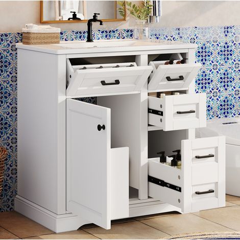 Mueble de baño independiente de 76x47x82 cm con lavabo cerámico integrado, mecanismo de cierre suave y espacio de almacenamiento, color blanco. (1/5)