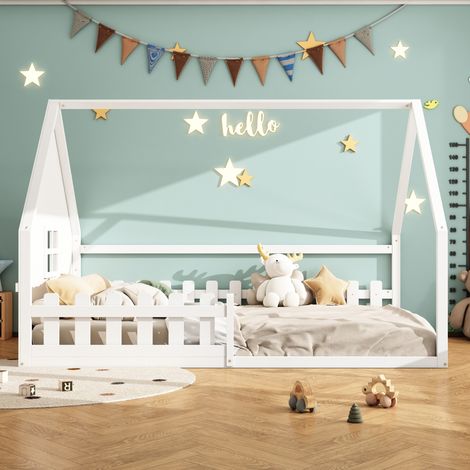 Lit enfant bois de pin blanc 140x200 cm barrière sécurité