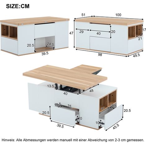 Table basse relevable multifonctionnelle =313593594WAA - Plateau escamotable en 2 tables, Blanc et bois clair, spacieuse, meuble de salon design, table à manger / bureau polyvalente (1/5)