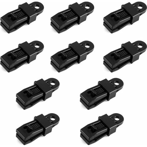 Lot de 10 crochets de bâche, attaches de bâche pour bâche de tente, pinces coupe-vent en plastique pour bâche de tente Camping de montagne Plage de montagne , Noir (1/4)