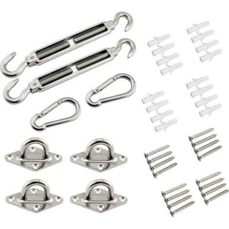 Kit de fixation pour voile d'ombrage, visserie en acier inoxydable, adapté aux voiles d'ombrage carrées, rectangulaires et triangulaires. (1/4)