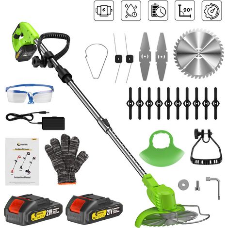 Coupe-Bordures Sans Fil 21V Pliable - avec Tête Pivotante - Coupe-bordure à batterie - avec 2 Batteries 2.0 Ah - 4 Types de lames - CONENTOOL - VertV (1/5)
