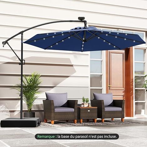 GOPLUS Parasol Déporté Ø3M, Parasol pour Terrasse, Parasol Inclinable, Rotatif à 360°, avec Pied en Croix, 32 LED, Bleu Foncé