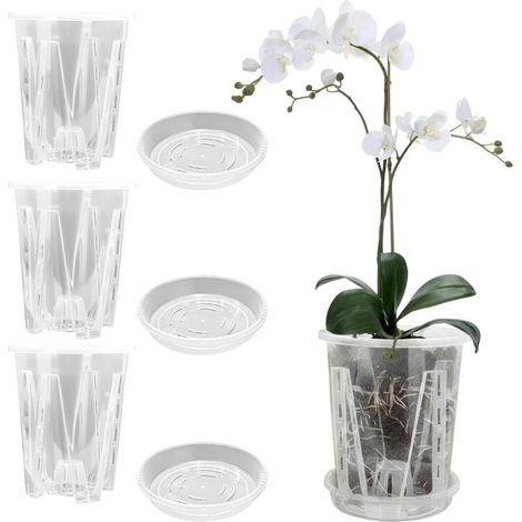 Lot de 3 pots en plastique transparent pour orchidées, avec trous de drainage et conception aérée – Convient aux plantes d’intérieur et d’extérieur (14 cm + soucoupe) (1/5)