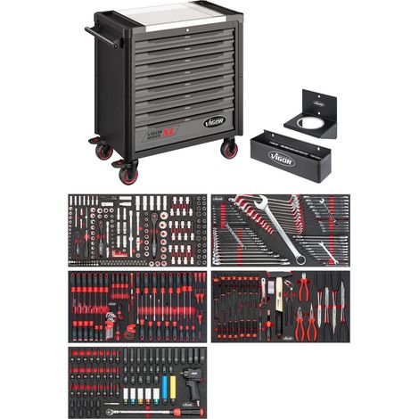 VIGOR Werkstattwagen Series XL, Edelstahl-Arbeitsplatte, mit Sortiment, 466-tlg., Anzahl Werkzeuge: 466 (1/5)