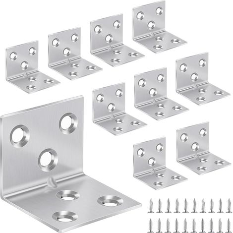 10 Équerres d'angle, Acier inoxydable 30x30x38mm, Fixation meubles bois, Avec 60 vis, Support robuste (1/5)