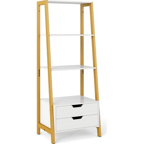 Bibliothèque Échelle avec Rangement & 4 Étagères Ouvertes et 2 Tiroirs, Bibliothèque Polyvalente pour Chambre, Salon et Bureau (Blanc) (1/5)