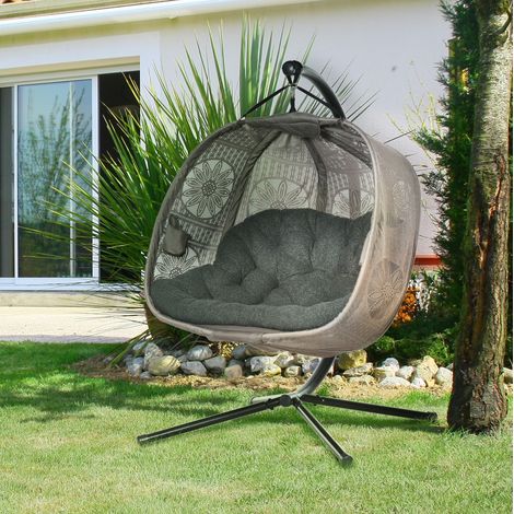 Chaise suspendue double avec support en acier, coussin et design pliable, sable, OKWISH (1/5)