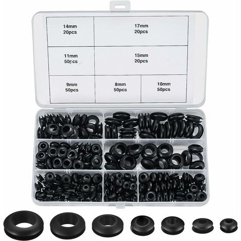 – 260 pièces passe-fils caoutchouc – Assortiment 7 tailles – Résistant aux acides et UV – Installation facile pour cables et fils
