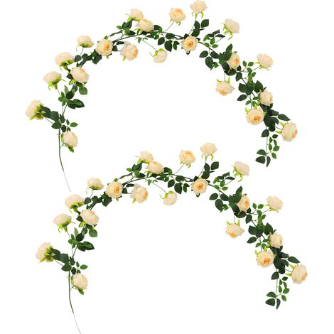 Lot de 2 guirlandes de roses artificielles, couleur champagne – Vignes florales 1,9 m – Sans entretien, pliables et réutilisables, pour arche de mariage, mur, escalier, table et décoration de fête