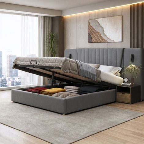 CHICFURN Letto matrimoniale 180x200 cm in velluto grigio con contenitore idraulico, senza materasso (1/5)