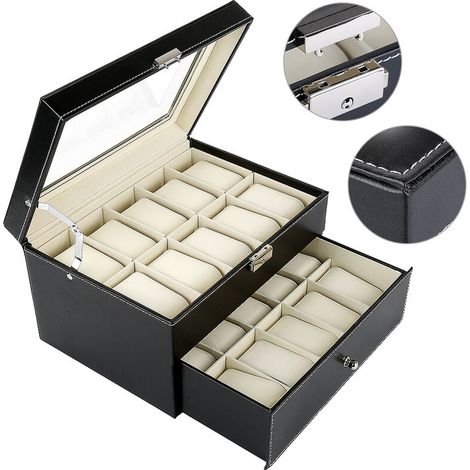Vitrine de Montres,®,Rangement pour Montres en Cuir PU,Boîte Rangement Montre pour Hommes Femmes,28.5 x 20.5 x 15 cm,noir (1/5)