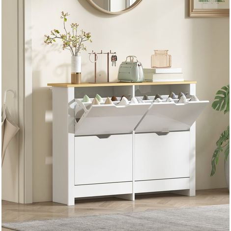 Zapatero estrecho de 4 abatibles, 105 x 26 x 80 cm, madera, blanco y natural (1/5)