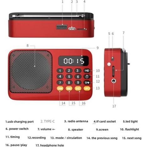 Radio Fm - Portable Rechargeable - Bluetooth 5.1 - Lecteur Mp3 Tf Usb - Autonomie 8 H - Impédance 55 Ω - 1 Pièce (1/5)
