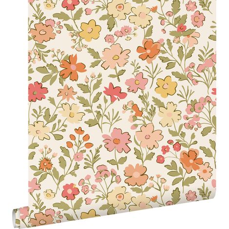 papier peint fleurs rose, vert, jaune et orange - ESTAhome (1/5)