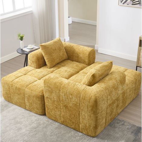Chaise longue de 1 plaza en chenilla amarilla, con cojín y bolsillos laterales HAVRYA (1/5)