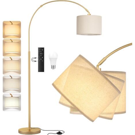 Lampadaire sur Pied Salon, LED E27 Lampe a Pied avec Télécommande, Lampadaire Arc Vintage, 3000K-6000K Intensité Variable pour Salon Chambre Bureau, Abat-jour Beige et Socle Doré, 180cm (1/5)