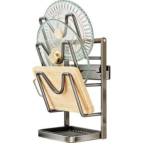 Pot Lid Holder, Vertical Stainless Steel Display Stand with Removable Drip Tray. For spatulas, kitchen, baking, home drying, pantry, countertop (1/5)